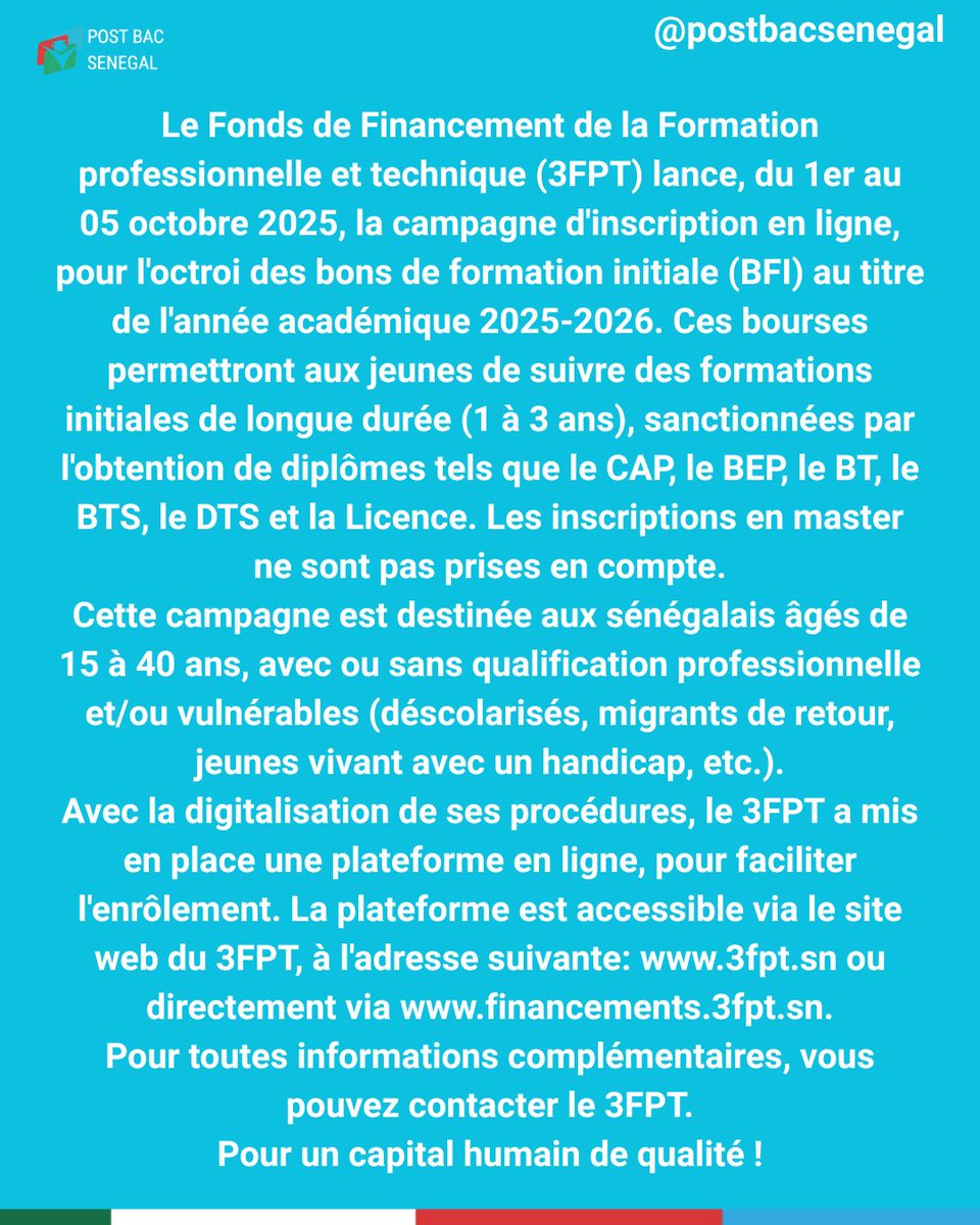 Postbacsenegal's tweet photo. Octroi des bons de formation initiale par le 3FPT 🎓
La plateforme est disponible du 1er au 05 octobre 2025.
#postbacsenegal #3fpt #bourse https://t.co/HCB7tjTot6