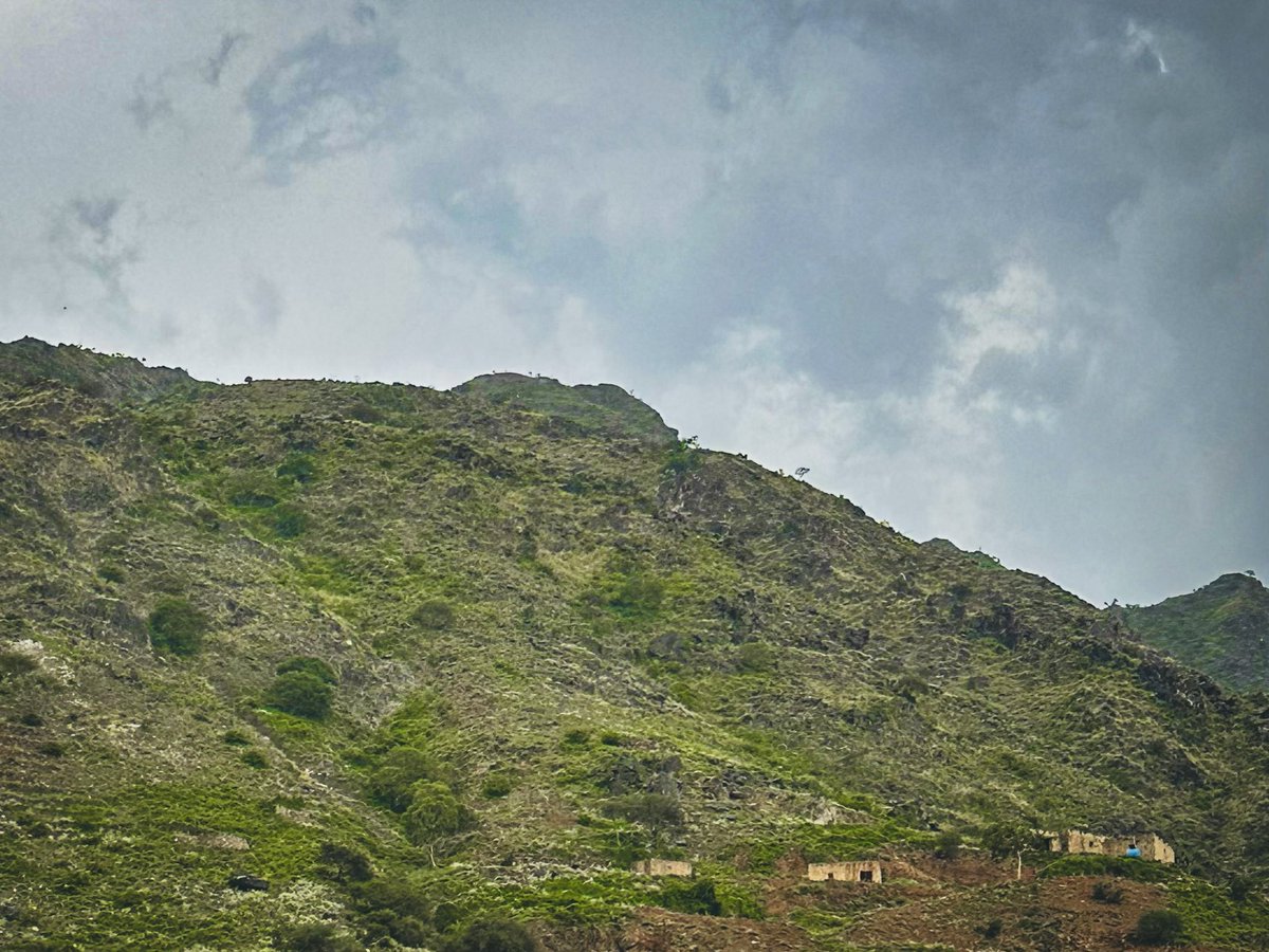 Walking through the mountains of Al Reeth, Saudi Arabia- stone houses, green hills, and quiet paths under cloudy skies.