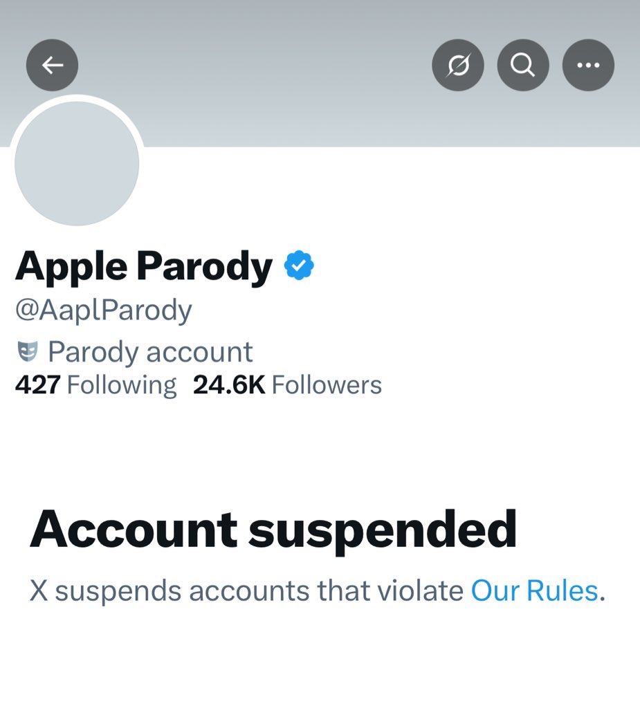 OrongeInc's tweet image. Apple Parody has been suspended despite the fact I followed every X rule for accounts like it.
Looks like it’s over for me. Idk what to do now.
Thanks for following it for the last 5 years.
