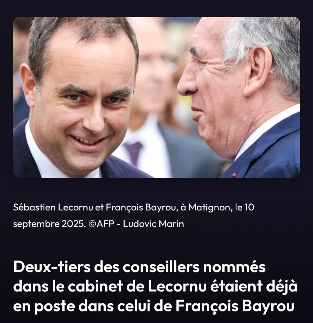 "Il va falloir des ruptures, et pas que sur la forme, et pas que dans la méthode, des ruptures aussi sur le fond". 
S. Lecornu, le 9 septembre 2025.
La gueule de la "rupture". 👇