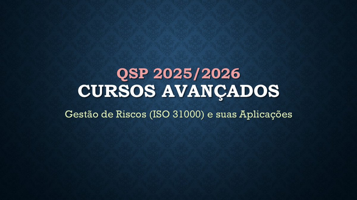 QSPnet's tweet image. Cursos QSP em Destaque *** 2025/2026
𝐺𝑒𝑠𝑡𝑎̃𝑜 𝑑𝑒 𝑅𝑖𝑠𝑐𝑜𝑠 (𝐼𝑆𝑂 31000) 𝑒 𝑠𝑢𝑎𝑠 𝐴𝑝𝑙𝑖𝑐𝑎𝑐̧𝑜̃𝑒𝑠 ***
Para você e sua empresa! *** iso31000.net/cursos-qsp/
#iso31000 #gestãoderiscos #riskmanagement #certificação #iso31010 #iec31010 #coso #IA