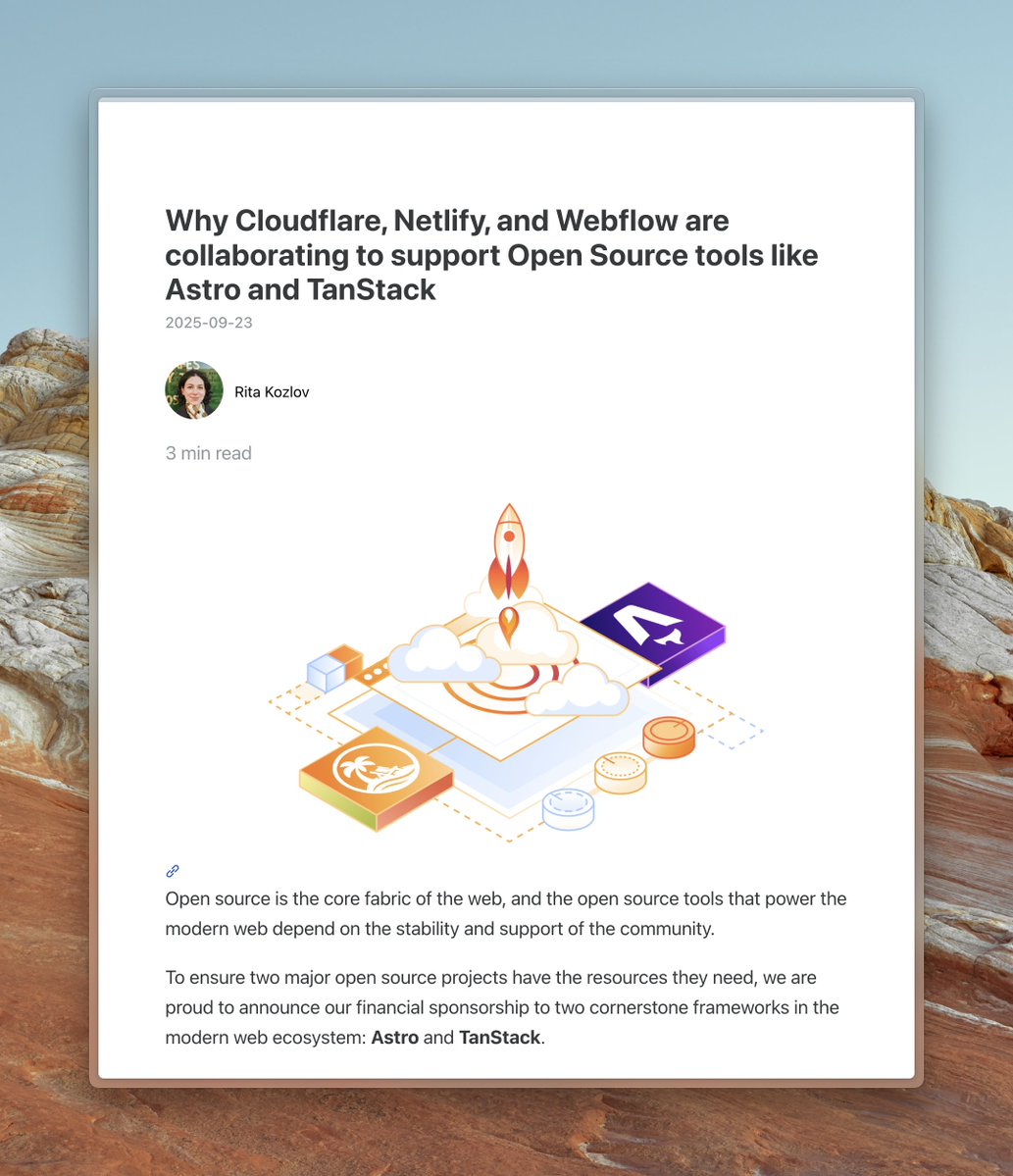 This is quite a big deal.

These companies jointly funding Astro and TanStack and collaborating to keep these frameworks platform-agnostic.

No single company controlling the direction. No vendor lock-in. Proper open source.
