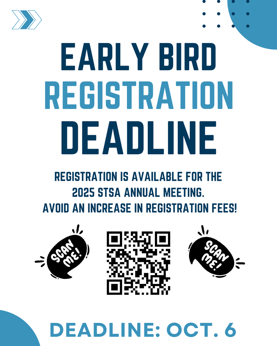 Registration is available for the 2025 STSA Annual Meeting. Please register before the Early Bird Deadline of Monday, October 6, 2025, to avoid an increase in registration fees!

Be sure to scan the QR Code above and register fast!

See you there!
