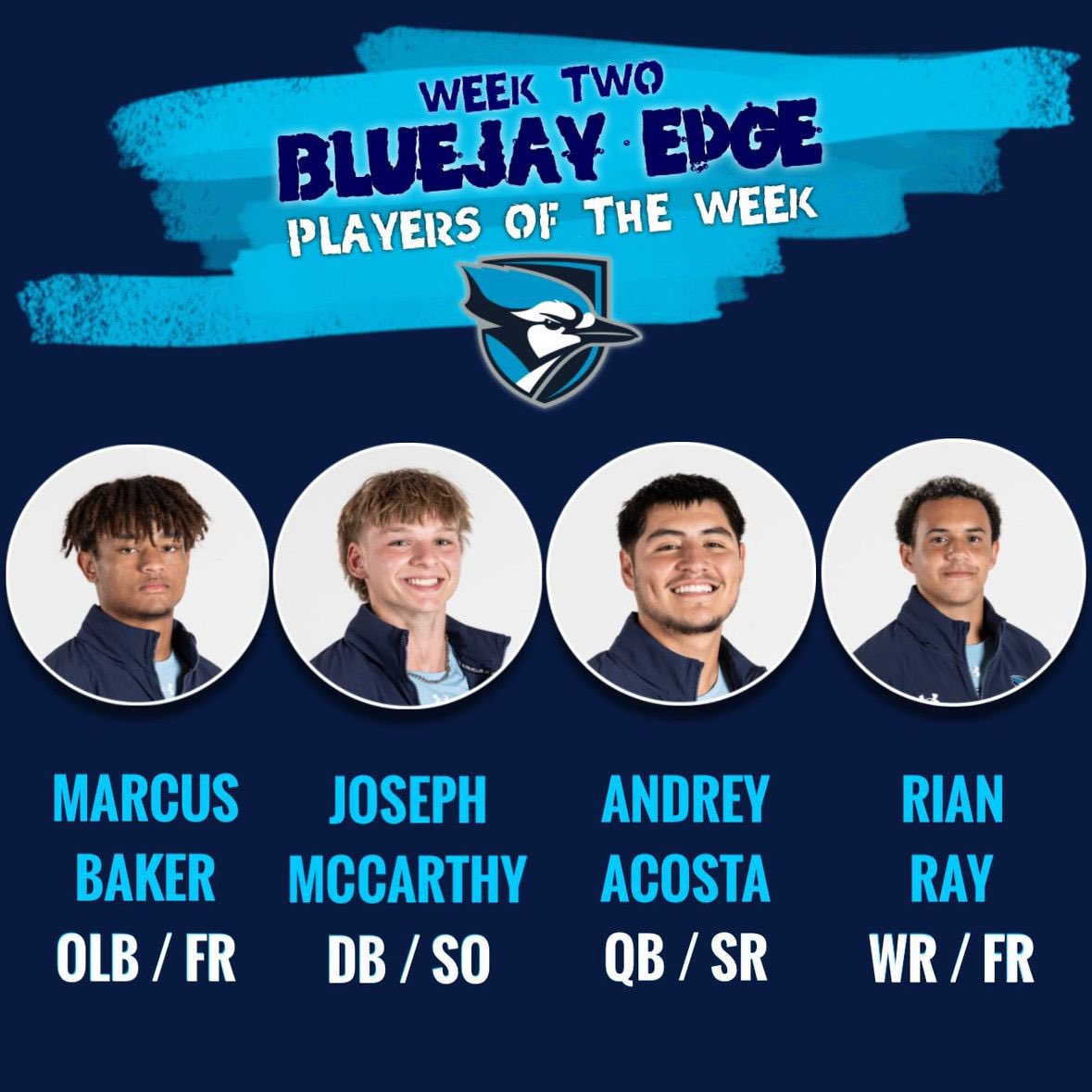 Your week 2 Players of the week! Congratulations Nick, Kai, and Gino! 

As well as congratulations to our Bluejay Edge players of the week: Our Bluejay Edge players are those who have demonstrated what it means to live #TheBlueJayWay through their grit and hard work this week!