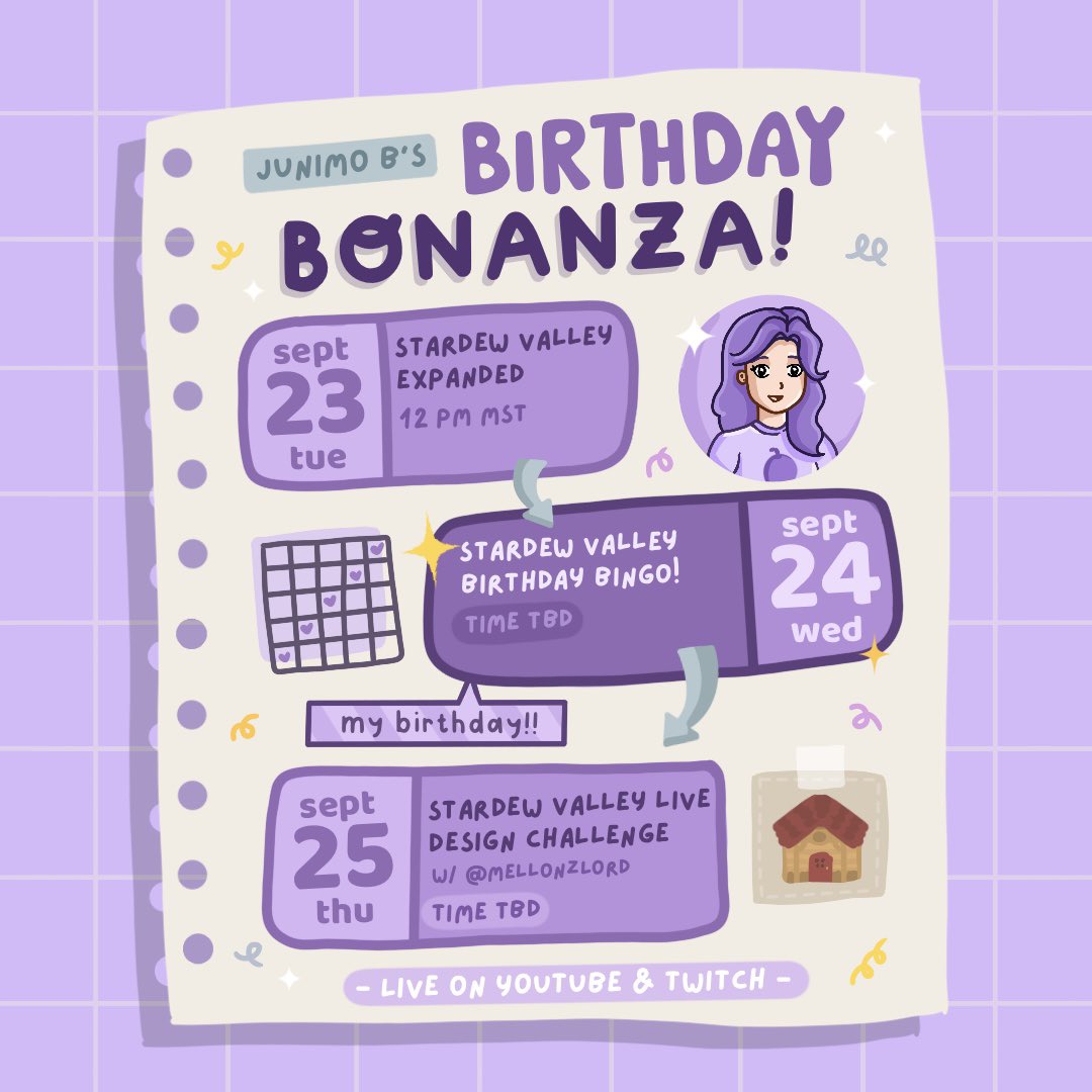 bjunimo's tweet image. For my birthday week I’m doing a little stream celebration!

Live right now on YouTube &amp;amp; Twitch!

Hope to see you there!💜🎉