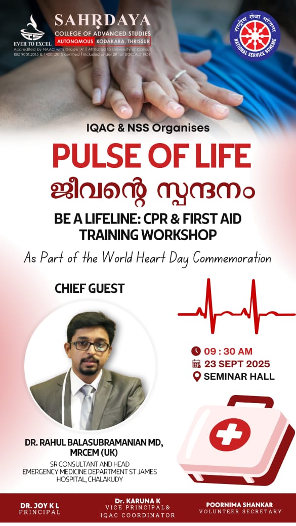 Sahrdaya_SCAS's tweet image. "PULSE OF LIFE" - BE A LIFELINE : CPR AND FIRST AID WORKSHOP

#sahrdayacollegeofadvancedstudies #worldheartday #iqac #workshop