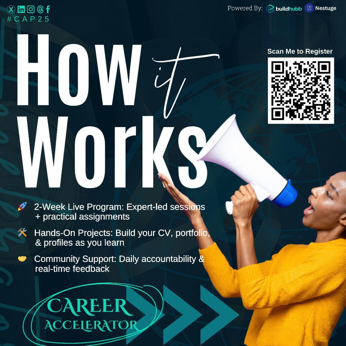 BuildHubb's tweet image. Your career growth doesn’t have to be guesswork. With the right guidance, structure and accountability, you can finally move from stuck to globally visible.

That’s exactly what #CAP25 is built for.

Scan the flyer or secure your spot here: nestuge.com/cap2025