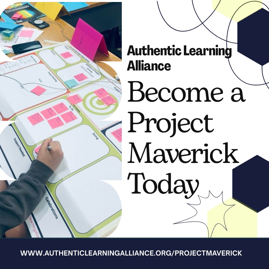 AuthLearn4All's tweet image. Become a Project Maverick! 
✨Explore #AuthenticLearning projects + Equip students with Agile tools that boost teamwork, durable skills &amp;amp; project success. Free tools + custom workshops available!
👩‍💻Learn more: authenticlearningalliance.org/projectmaverick 
 📧 hello@authenticlearningalliance.org