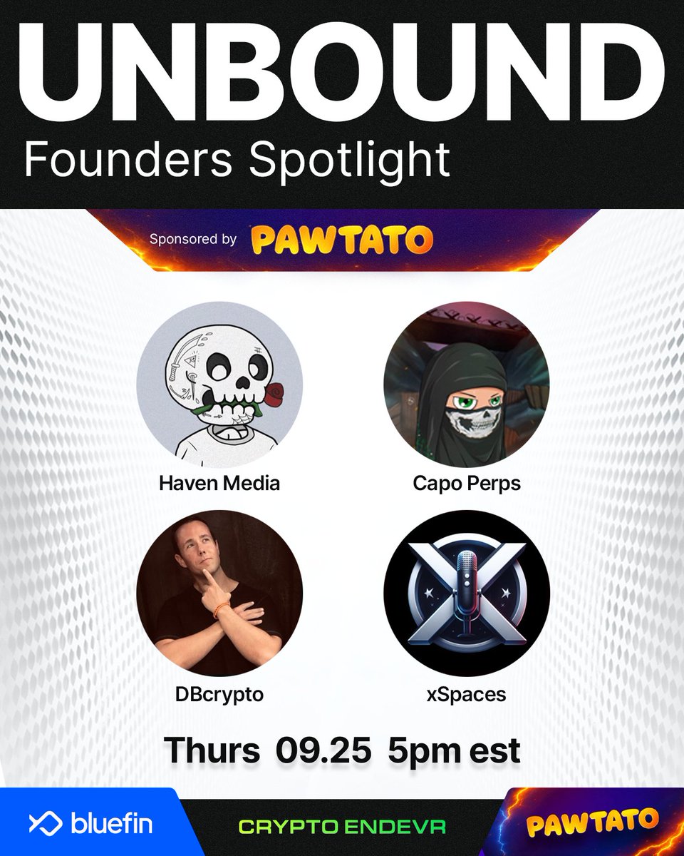 🚨 UNBOUND Founders Spotlight powered by <a href="/PawtatoFinance/">Pawtato Finance | Sui</a> 🔥

This week we’ve got <a href="/DBCrypt0/">DBCrypto</a>, one of the clearest and loudest voices in Web3. He’s building a media brand, hosting X Spaces with some of the biggest names, and always has the alpha.💯

DB has become a trusted voice in