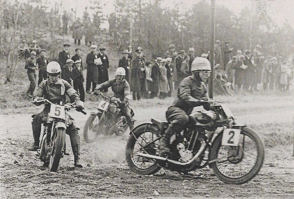 This is a road race? Foot down cornering &amp; knobbly tyres in the 1932 500cc Ruissalo TT at Turku. Karl Granberg (Saroléa, 2, DNF), Vilho Hollming (NSU, 5- 3rd), Aarne Anttila (Rudge, 4- 2nd).