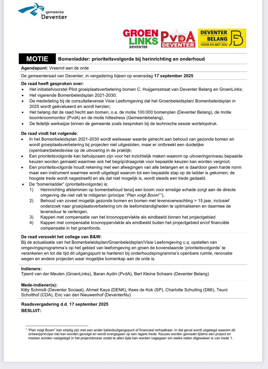 Yes! Het principe “plan volgt boom” is het nieuwe uitgangspunt in #deventer. Dit betekent dat (woningbouw/infra) plannen zich moeten aanpassen aan gezonde bomen (en niet andersom!). Motie samen met <a href="/pvdadeventer/">PvdA Deventer</a> <a href="/deventerbelang/">deventerbelang</a> <a href="/Bertaverlo/">Bert Kleine Schaars</a>