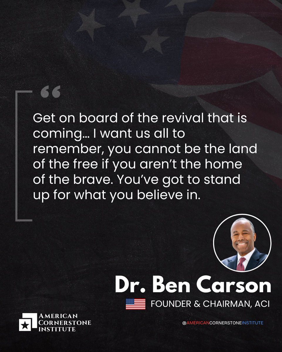 ACI1776's tweet photo. Over a decade ago at the National Prayer Breakfast, @RealBenCarson boldly spoke out against political correctness and cancel culture, bringing truth to the national stage. That courage continues to inspire us today. His friendship with @charliekirk11 was rooted in shared principles of faith, freedom, and love for this nation. ACI will continue the important work we do with @TPUSA. Together, let us honor Charlie’s legacy by standing firm as one nation under God.
