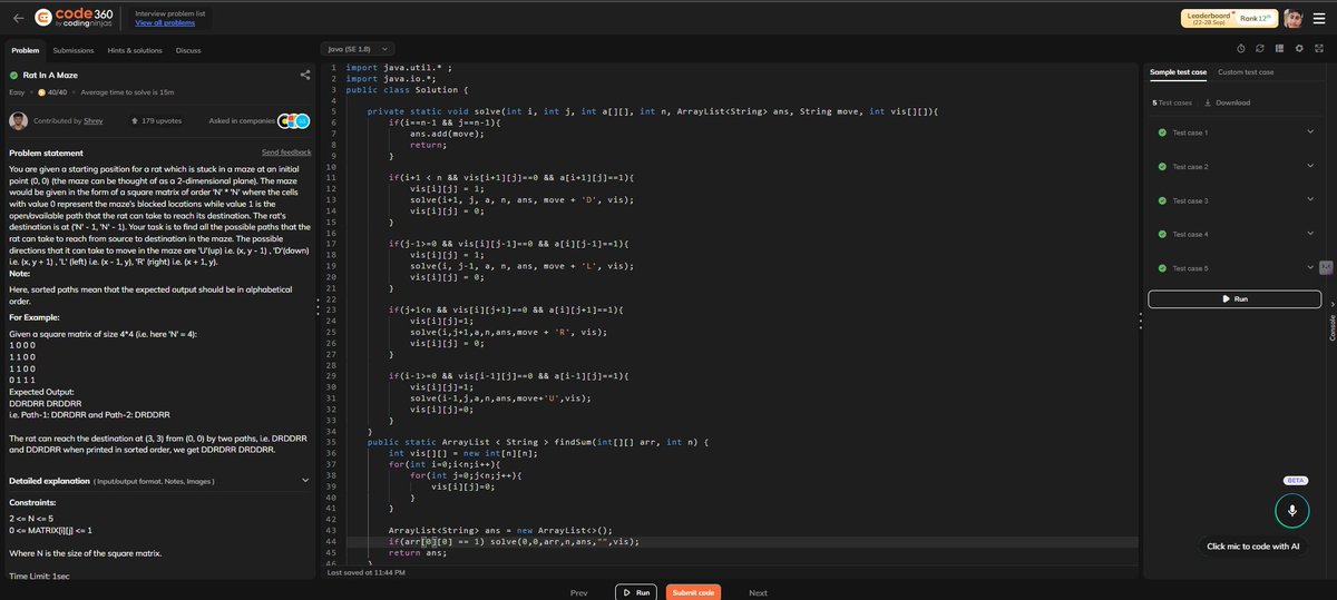 Uday246r's tweet image. Day 67 of DSA grind
Solved 3 problems today:
1️⃣ Rat in a Maze 🐀 - Backtracking path finder
2️⃣ Palindrome Partitioning 🔀 - Recursive partitions
3️⃣ Two Sum II ➕ - Two pointer technique
Each problem sharpened my recursion & pointer skills 💡
#DailyCode#DSA #LeetCode #Codin