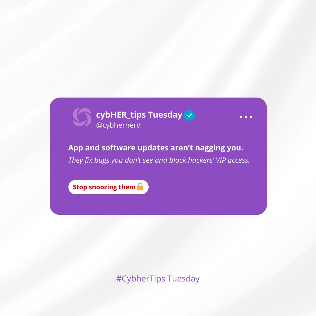 cybHERnerd's tweet image. Delaying updates feels harmless… until hackers exploit the gap.  

⚠️ Updates: 
👀 Patch weaknesses  
⚡ Improve performance  
🔐 Block attackers  

✅ This week: check your devices &amp;amp; update now.  

#CybherTipsTuesday #cybHERnerd
#Cybersecurity
#DigitalSafety