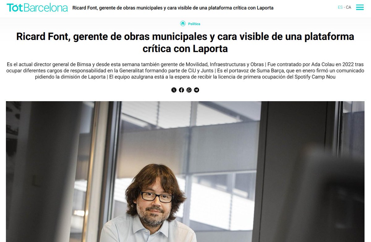 🤔RICARD FONT. ¿LA VUELTA AL CAMP NOU, EN MANOS DE UN ODIADOR DE LAPORTA?😬

Es el actual director general de Bimsa y desde esta semana también gerente de Movilidad, Infraestructuras y Obras. Es el portavoz de Suma Barça, que en enero firmó un comunicado pidiendo la dimisión de