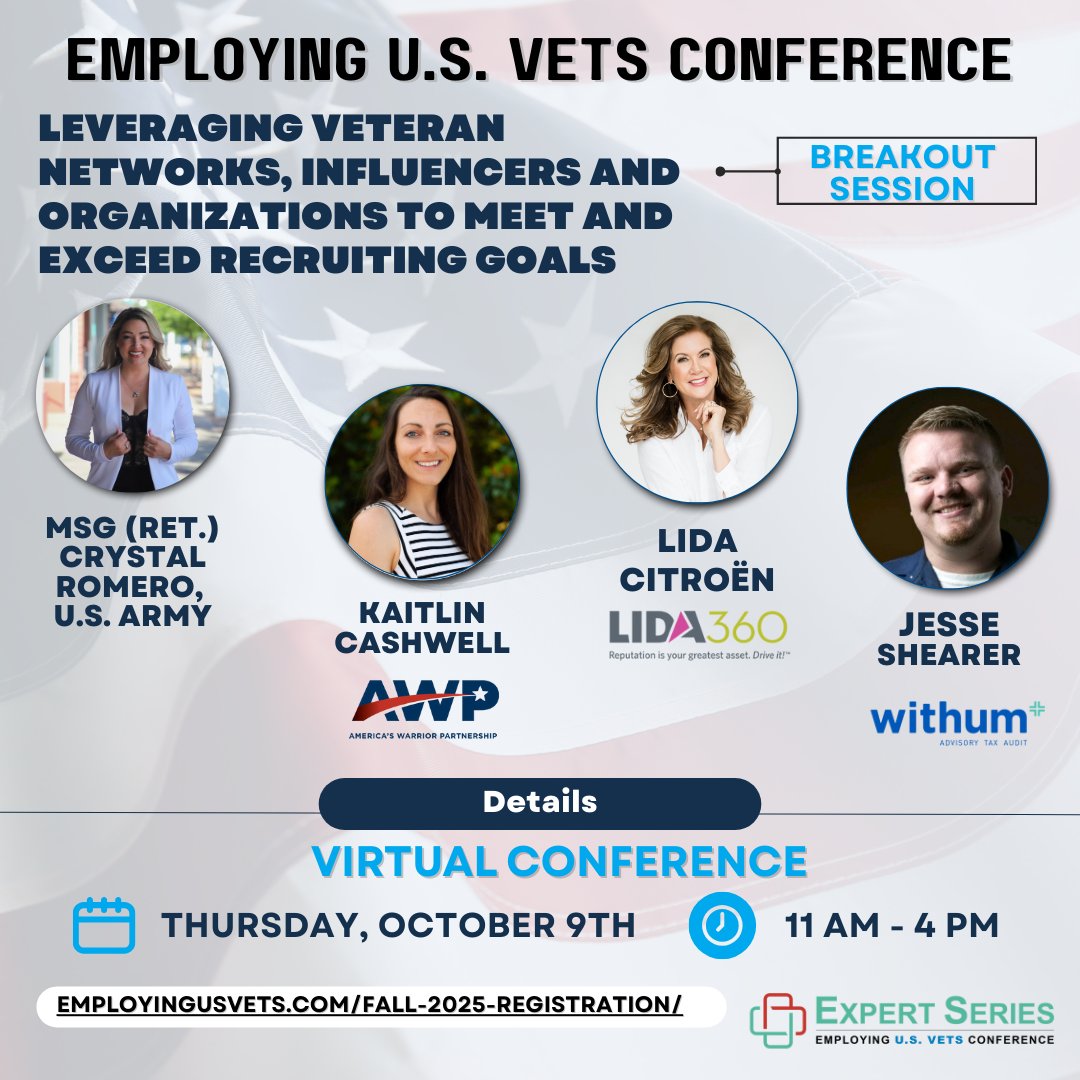 VETSIndexes's tweet image. Check out some of the dynamic speakers for the Fall 2025 Employing U.S. Vets VIRTUAL Conference! Looking forward to this breakout session! 

Register today - free! employingusvets.com/fall-2025-regi…
#employingUSVets