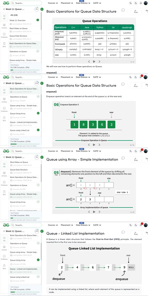 amanhaidry's tweet image. 🗓️Day 62/100
#100DaysOfCode with @geeksforgeeks 🚀

#ExpressJs in #WebDev
✅Built Library Management System

#Queue in #DSA
✅Basic Operations
✅Using #Array
✅Using #LinkedList

🔗Course Link: geeksforgeeks.org/nation-skill-u…

#skillupwithgfg #nationskillup #100DaysOfDSA #geeksforgeeks