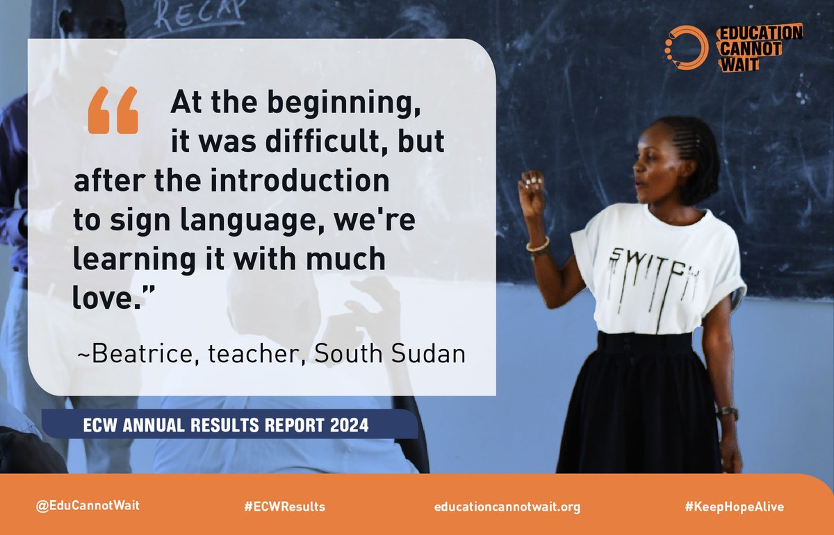 "At the beginning, it was difficult, but after the introduction to sign language, we're learning it with much love.” ~Beatrice, student teacher, #SouthSudan

On today's #InternationalDayOfSignLanguages, learn how #ECW-supported programmes empower teachers like Beatrice to