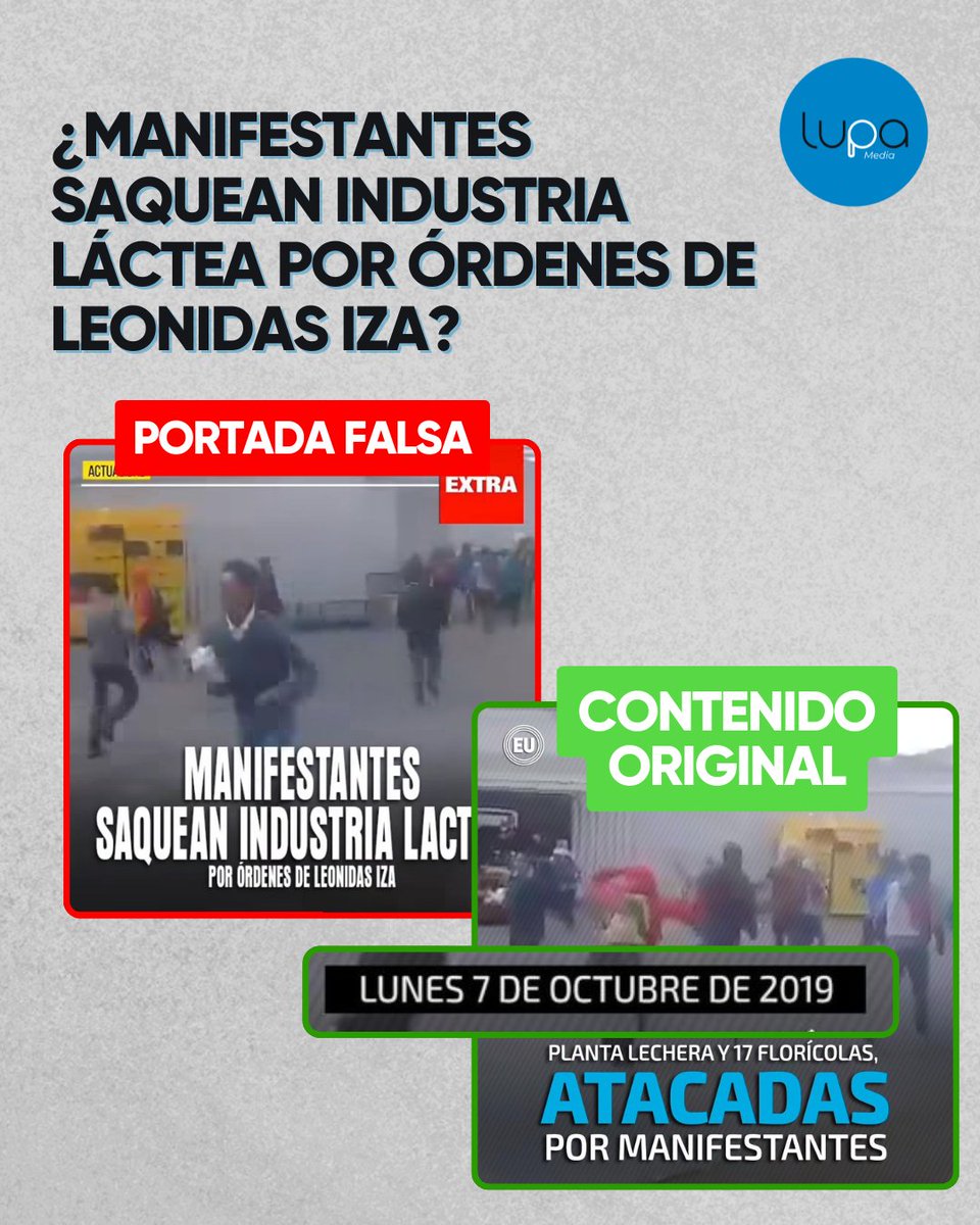 3️⃣ FALSO | 🔴 “Manifestantes saquean industria láctea por órdenes de Leónidas Iza”

El video de la supuesta portada de Extra está descontextualizado. No corresponde a las protestas de septiembre de 2025, sino a las manifestaciones indígenas de octubre de 2019.

Mediante una