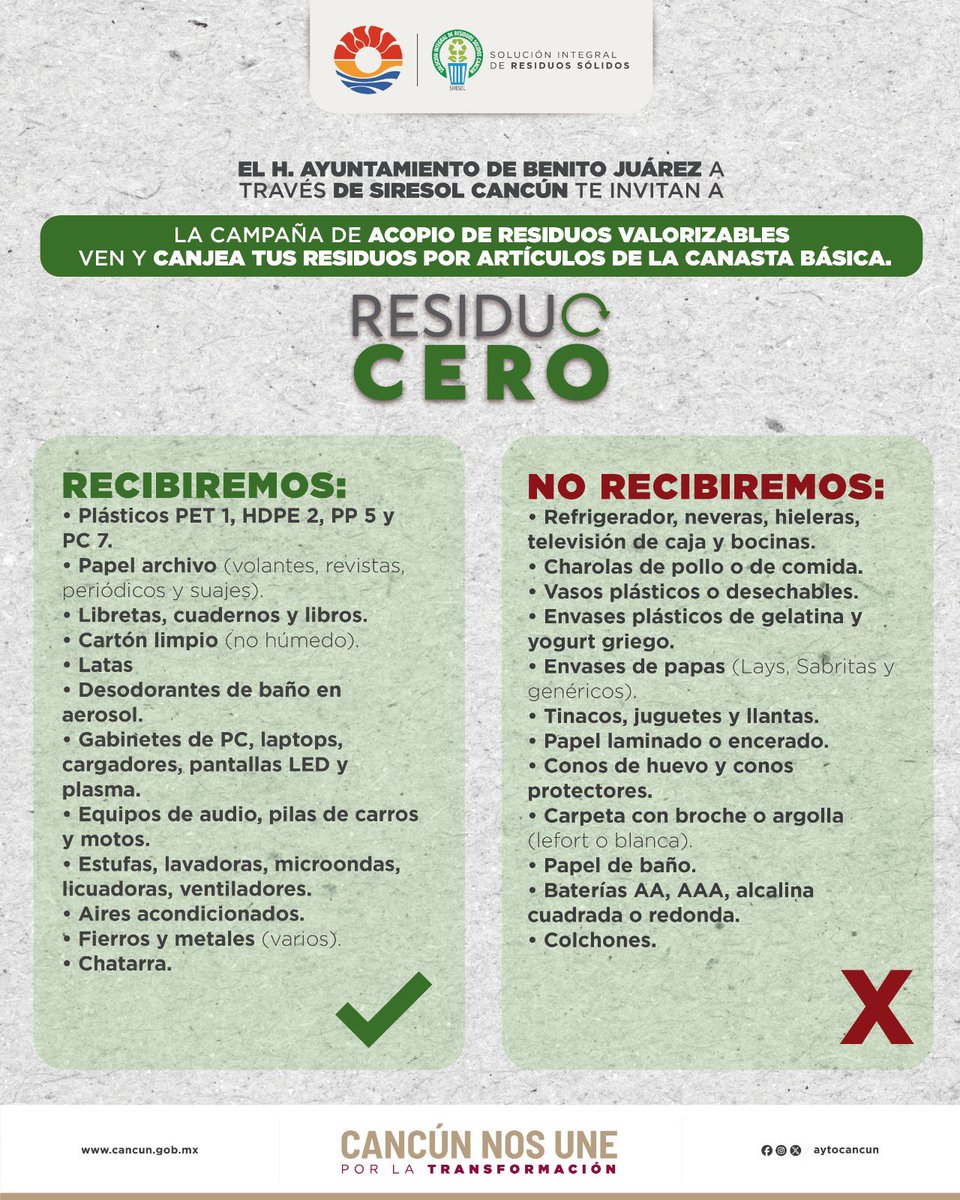 ¡Súmate a la Jornada de Acopio Residuo Cero! ♻️

Este viernes 26 de septiembre te esperamos en el domo deportivo de la 📍#SM247 para que traigas tus residuos valorizables 🥫y los canjees por productos de la canasta básica. 🙌

✅ No necesitas registro previo solo acude al punto.