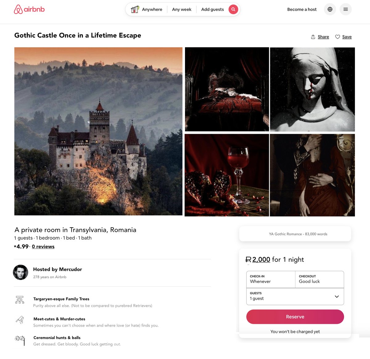 OMG! Check out this Airbnb I found! I think it'd be the perfect getaway to explore Romania and try to reconnect with distant family!  

We have to go! 

👀🍷🫀🇷🇴

#YA #R #UnhingedPit