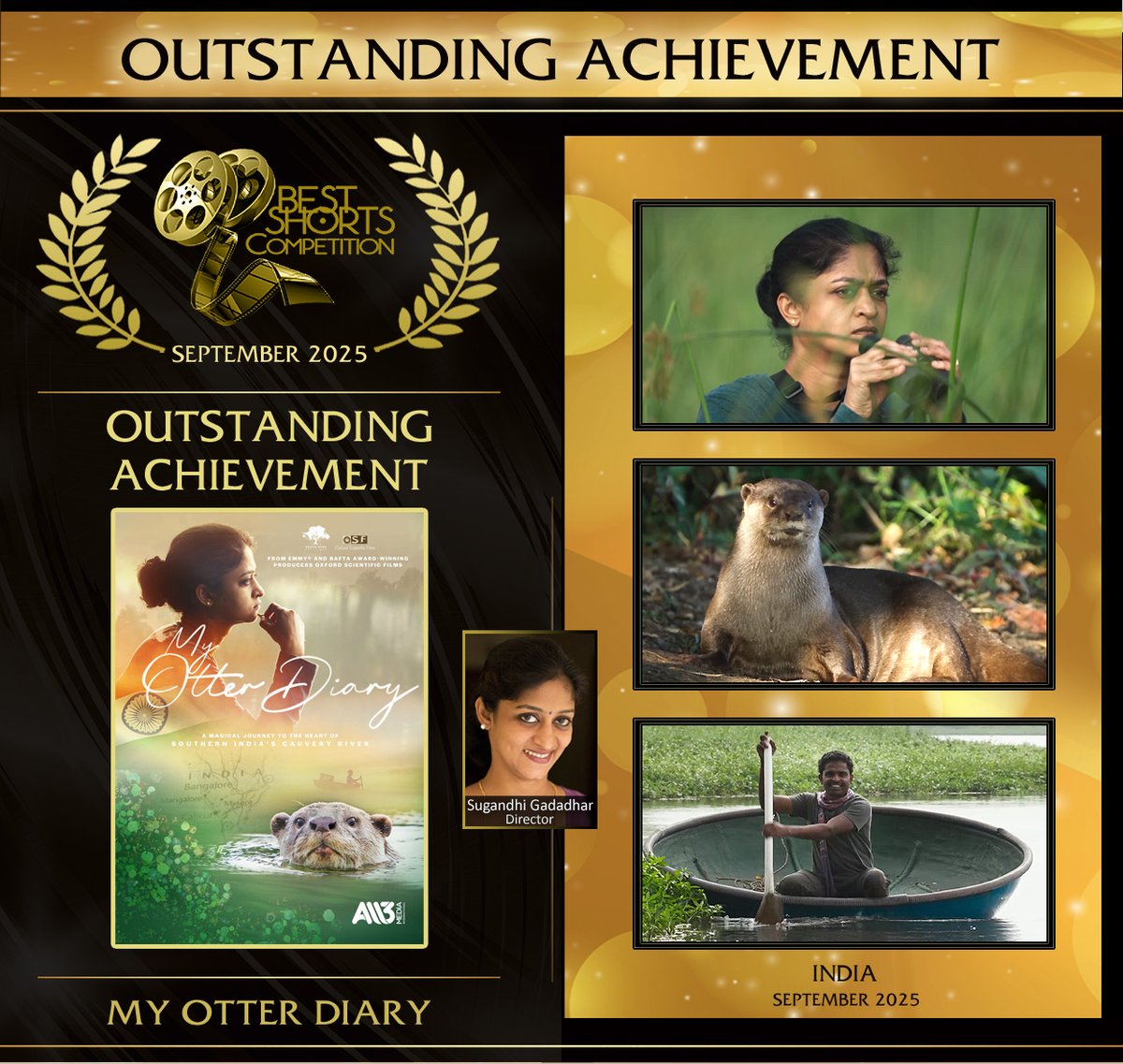 bestshorts's tweet image. Congrats Outstanding Achievement winner Aranya Parva Creations, Oxford Scientific Films, All3Media  &amp;amp;  Sugandhi Gadadhar for My Otter Diary! Stunningly shot, deeply engaging, explores the balance between humans &amp;amp;  otters under environmental pressure.  BestShorts.net