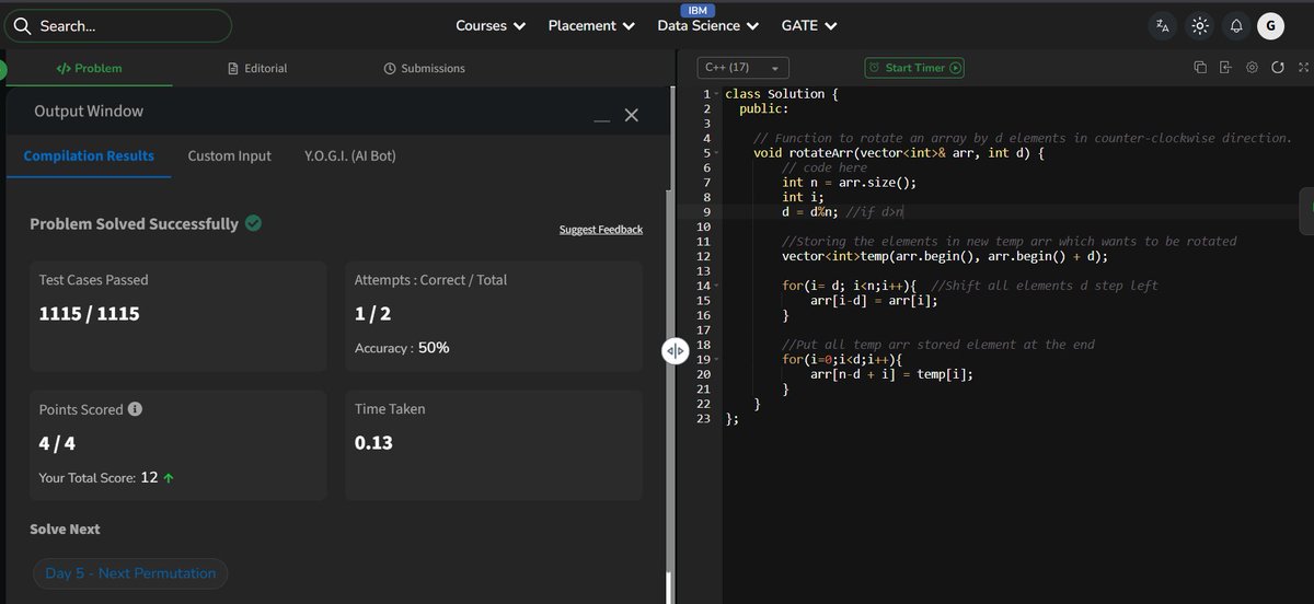codewithGenZ's tweet image. Day 82🚀: #100daysofcode : #GeeksforGeeks
Today i solved problem on #GFG
-Rotate Array
#CPP_language #100daysofchallenge #codinglife #LearnInPublic #learnprogramming #programmer #coder #CodingJourney #codewithGenZ #BuildYourself #Hackathon #Genius #ProblemSolving