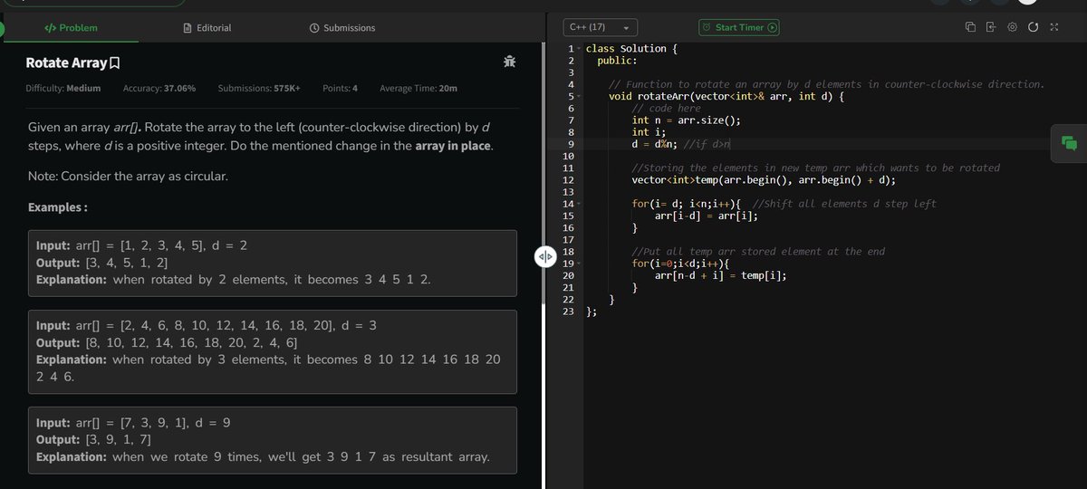 codewithGenZ's tweet image. Day 82🚀: #100daysofcode : #GeeksforGeeks
Today i solved problem on #GFG
-Rotate Array
#CPP_language #100daysofchallenge #codinglife #LearnInPublic #learnprogramming #programmer #coder #CodingJourney #codewithGenZ #BuildYourself #Hackathon #Genius #ProblemSolving