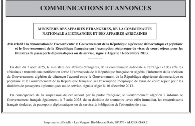 didibendi's tweet photo. J.O. 🇩🇿 où l'on apprend qu'Alger a denoncé l'accord tant mediatisé du 16/12/13 relatif à l'exemption de visa pour les diplomates des 2 pays.
N'etait-il pas  prévu qu'une telle décision  devait se faire  en 1er par la 🇫🇷 vu que celle ci avait suspendu ledit accord la 1ere? https://t.co/akBON2sXrI