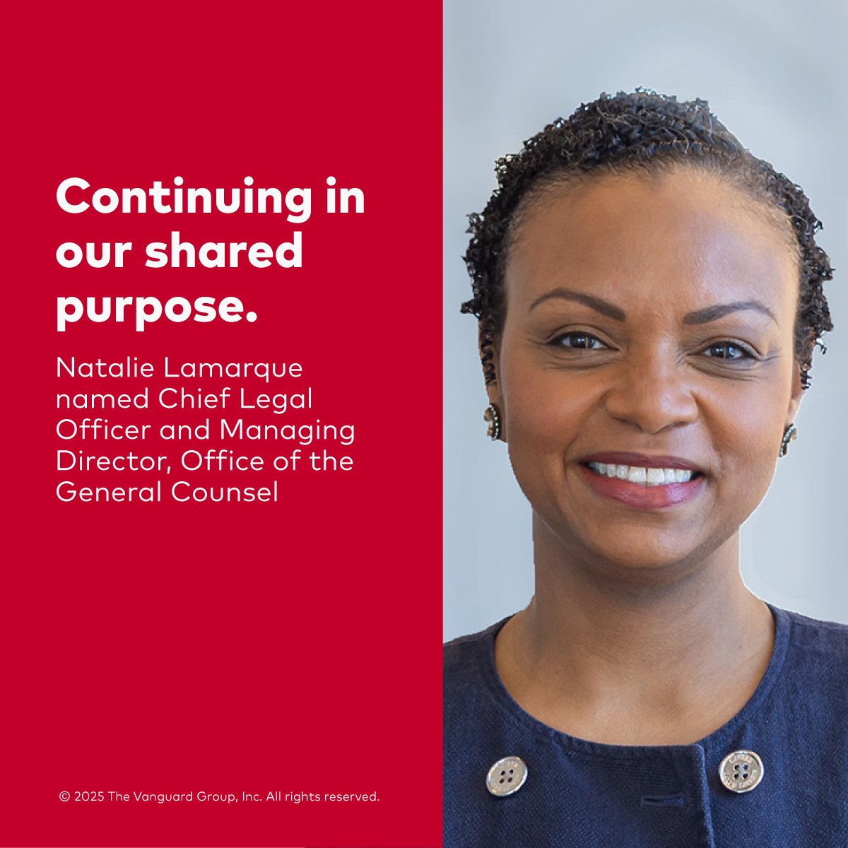 Vanguard_Group's tweet image. We’re pleased to share that Natalie Lamarque will lead Vanguard’s Office of the General Counsel as chief legal officer and managing director. 

She will oversee our legal, compliance, public policy, and investment stewardship functions. Welcome, Natalie!