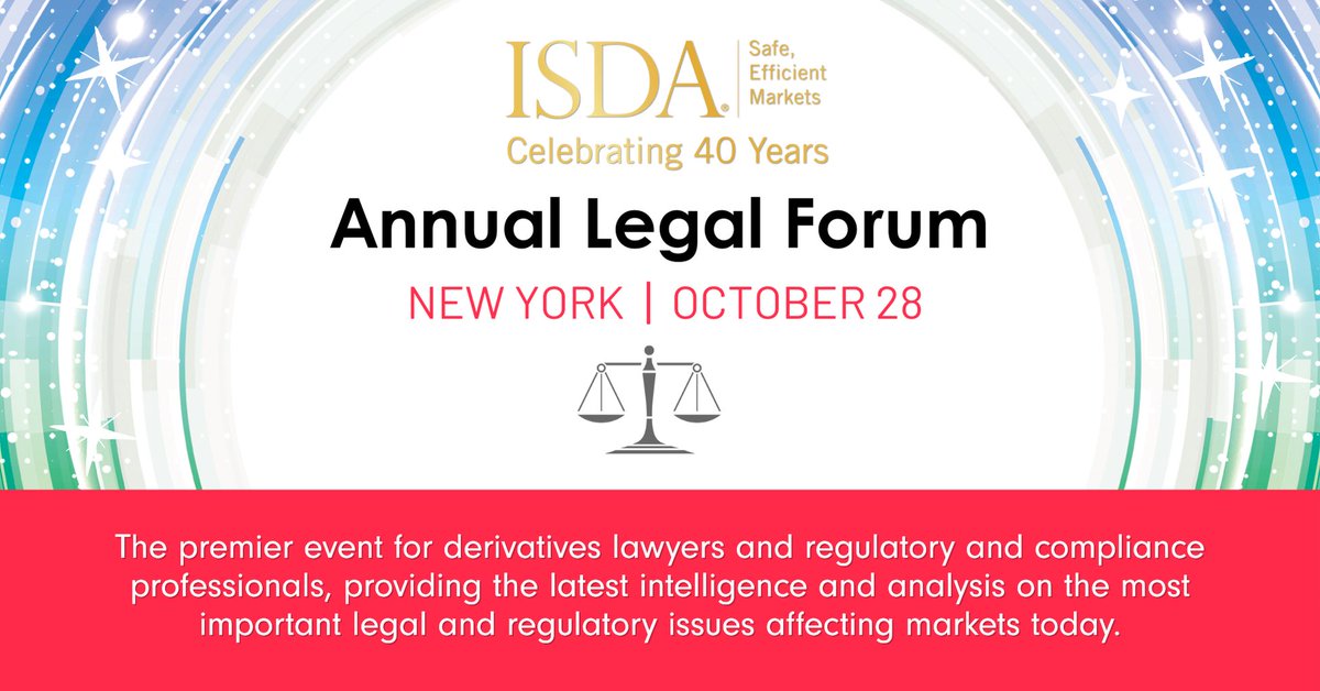 ⏰ 3 days left to save with early registration pricing for the #ISDA Annual Legal Forum in New York! Register by Friday, Sept 26 for the best rates to attend the premier event for derivatives lawyers, and regulatory and compliance professionals, providing the latest intelligence