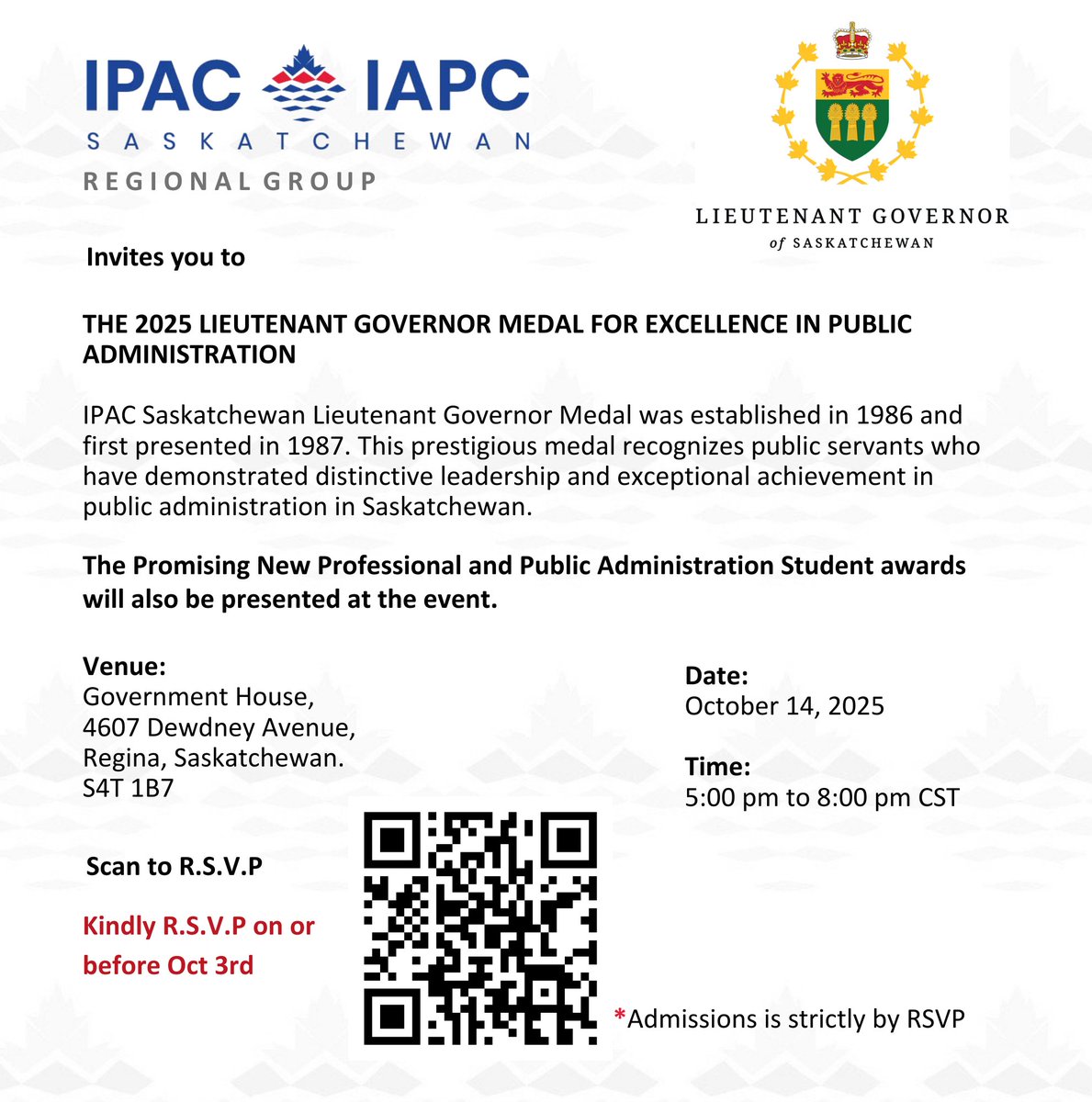 IPAC Saskatchewan is thrilled to celebrate excellence in public administration, and we’d love for you to join us!

This year, we are honouring Kevin Fenwick with the Lieutenant Governor’s Gold Medal Award.

See poster for details, RSVP by Oct 2rd here- form.jotform.com/252597780260262