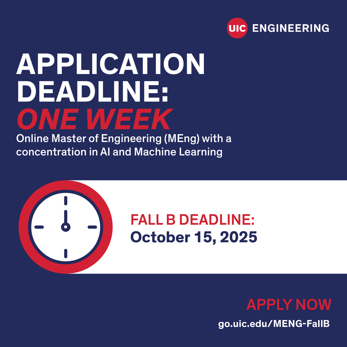 UIC Engineering (@uicengineering) on Twitter photo There’s 1 week left to submit your Online MEng Fall B Term 2025 Application! Master AI and Machine Learning with this 9-course online degree.
Apply: go.uic.edu/MENG-FallB There’s 1 week left to submit your Online MEng Fall B Term 2025 Application! Master AI and Machine Learning with this 9-course online degree.
Apply: go.uic.edu/MENG-FallB