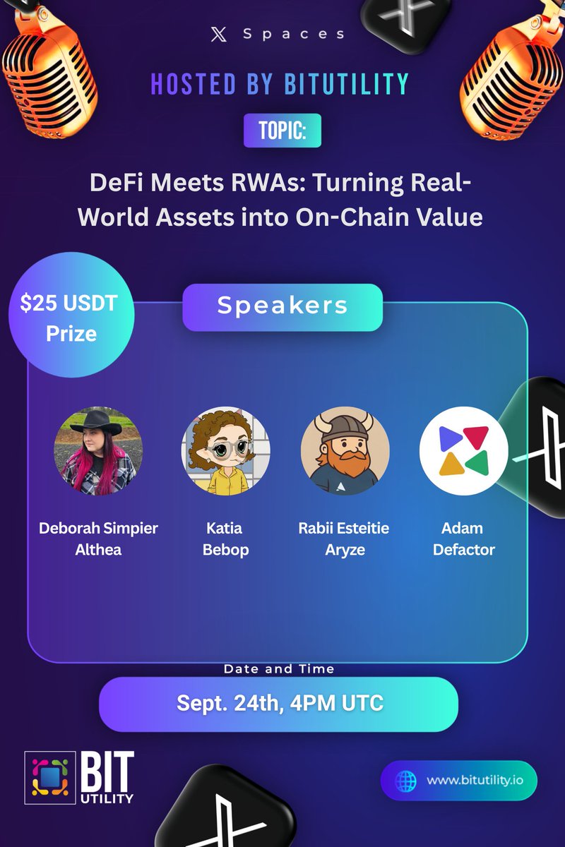 🚨 Space + $25 $USDT #Giveaway 🚨

⚡DeFi Meets RWAs: Turning Real-World Assets into On-Chain Value
🗓️ September 24th, 4:00 PM UTC

🥂 Speakers:
🔸Rabii Esteitie | Communication Manager at <a href="/AryzeOfficial/">Aryze</a>
🔸<a href="/DeborahSimpier/">Deborah Simpier</a> | Co-Founder of <a href="/AltheaNetwork/">Althea</a>
🔸Katia - <a href="/katiabanina/">common(non)sense</a> CEO