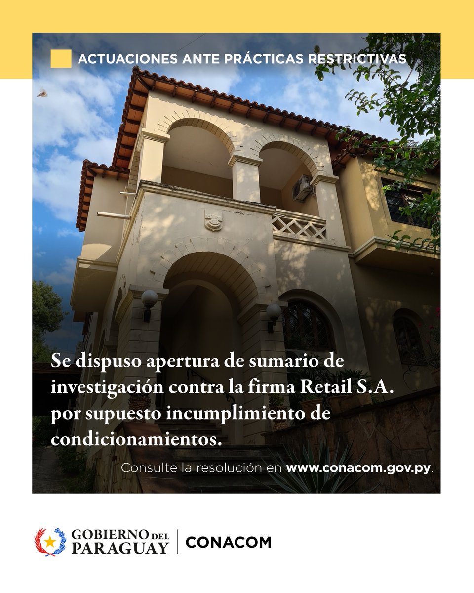 Se dispuso apertura de sumario de investigación contra la firma Retail S.A. por supuesto incumplimiento de condicionamientos

🔗 conacom.gov.py/inicio-sumario…

#GobiernoDelParaguay