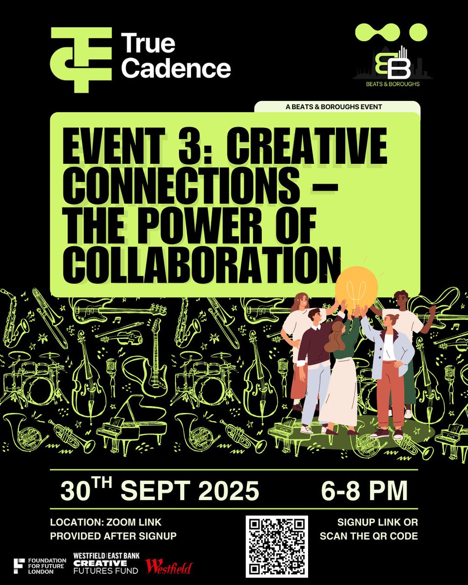 TrueCadenceUK's tweet image. Collaboration is where the magic happens. 🎶
Join us online for Beats &amp;amp; Boroughs: Creative Connections – The Power of Collaboration
📅 30 Sept | 🕕 6–8PM

Artists, orgs &amp;amp; music leaders coming together to spark ideas + impact.
Sign up 👉 …wer-of-Collaboration.eventbrite.co.uk 
#MusicNetwork