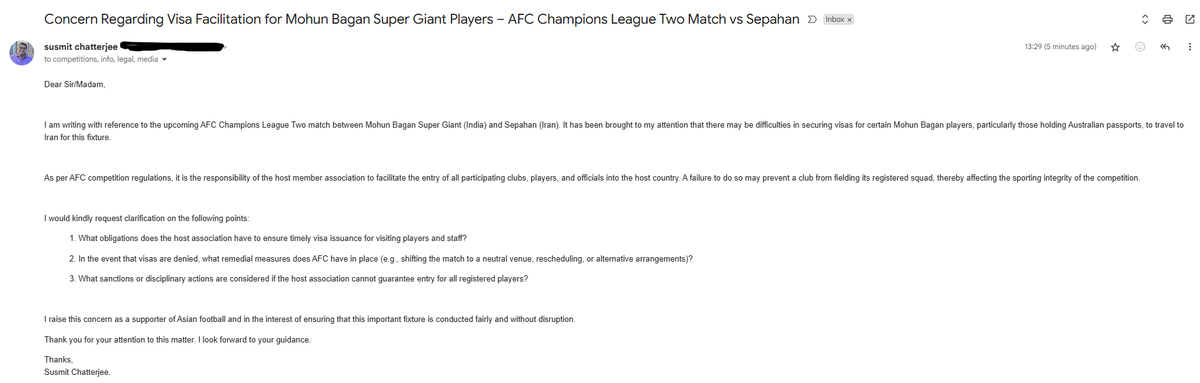 suschatgpt's tweet image. In these tumultuous times, I’m standing beside @mohunbagansg management &amp;amp; Vinay Chopra sir to do my bit. 

Keeping in view the injustice against my club, I wrote to AFC &amp;amp; Sepahan reminding them that without visas for our foreigners, Sepahan risk disqualification if visas aren’t…