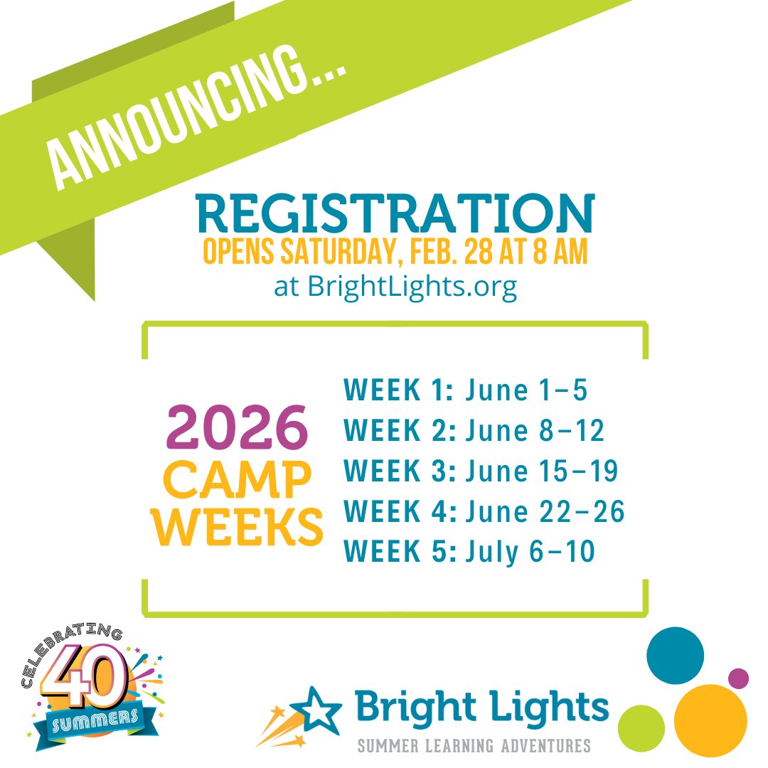 BrightLightsOrg's tweet image. Summer 2026 will be our 40th summer of camps!! We are so excited and have already commenced planning all the fun we will have.

Check out our latest blog post for more info brightlights.org/2026-camp-date….

#BrightLights #summerlearning #summercamp #summer2026 #40summers
