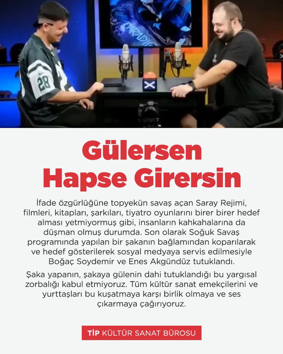 Şaka yapanın, şakaya gülenin dahi tutuklandığı bu yargısal zorbalığı kabul etmiyoruz. Tüm kültür sanat emekçilerini ve yurttaşları bu kuşatmaya karşı birlik olmaya ve ses çıkarmaya çağırıyoruz.