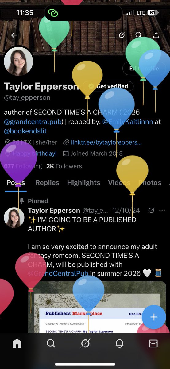 it's my balloon day so going to really casually remind everyone that Second Time's a Charm is available to add on goodreads bc its sooo close to 300 🥹🥹