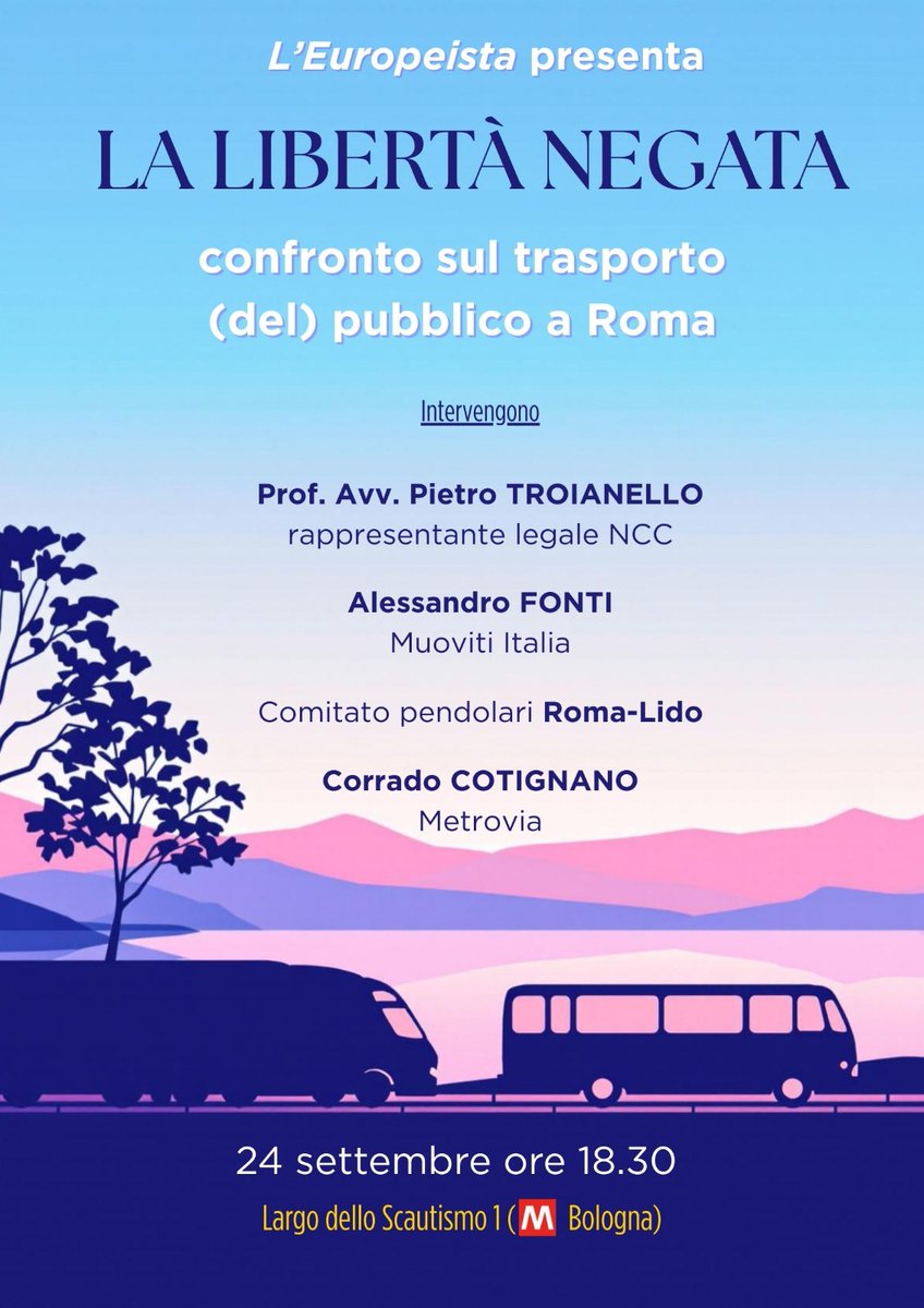 La libertà negata, dibattito sui problemi (e soluzioni) della mobilità romana, organizza <a href="/leuropeista/">L’Europeista</a> 
Si parlerà di mobilità su ferro e di trasporti in generale, di linea e non di linea.
Mercoledì 24, 18:30 a Largo dello Scautismo 1 (MB Bologna)
<a href="/GiovanniZannola/">Giovanni Zannola</a> <a href="/eugenio_patane/">Eugenio Patanè</a>