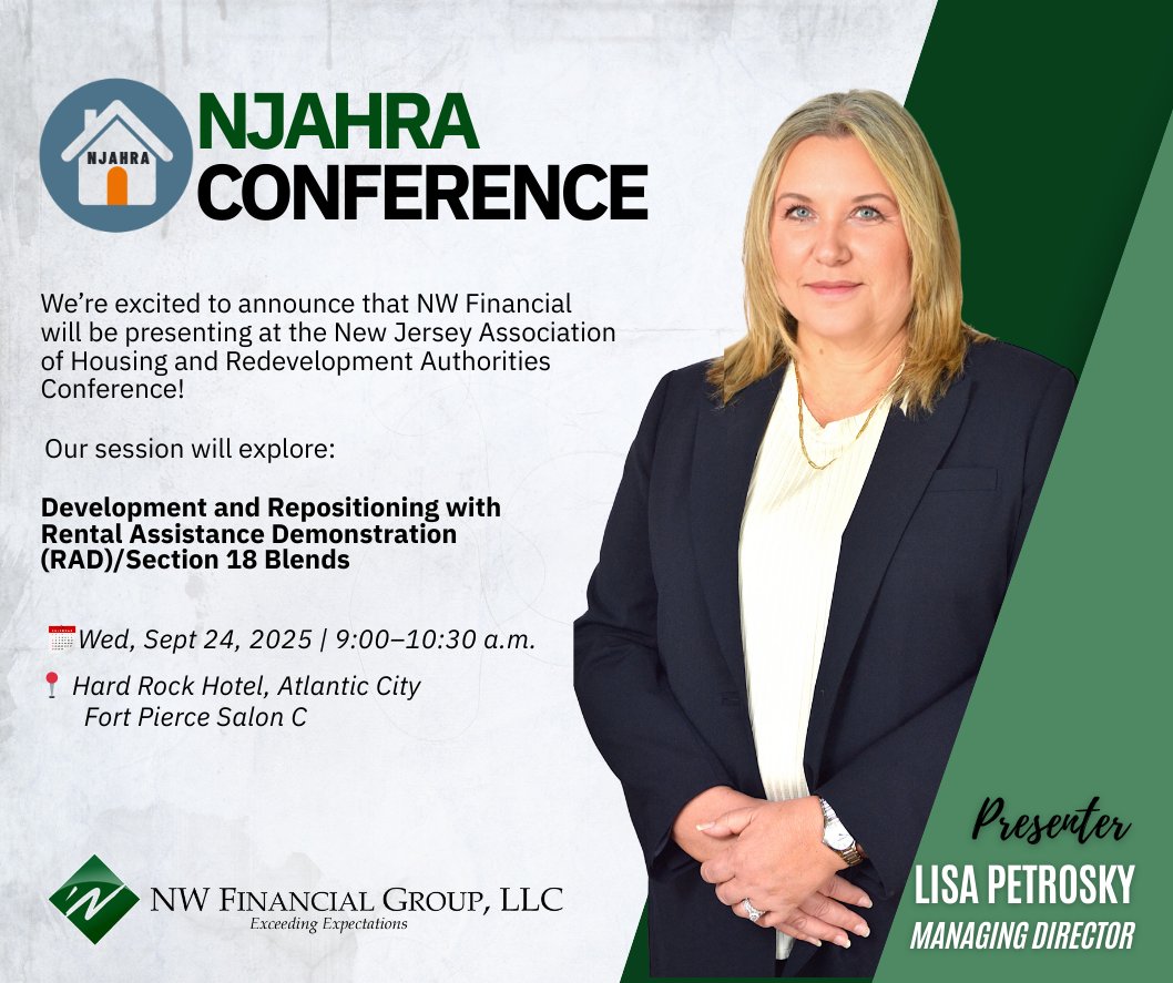 NWFinancialGrp's tweet photo. NW Financial is presenting at the 2025 NJAHRA Conference!

Our very own Lisa Petrosky will be a featured speaker during the workshop: Development and Repositioning with RAD/Section 18 Blends

We look forward to connecting! 
#NWFinancial #NJAHRA #RAD #AffordableHousing #RAD https://t.co/stloQbfkOl