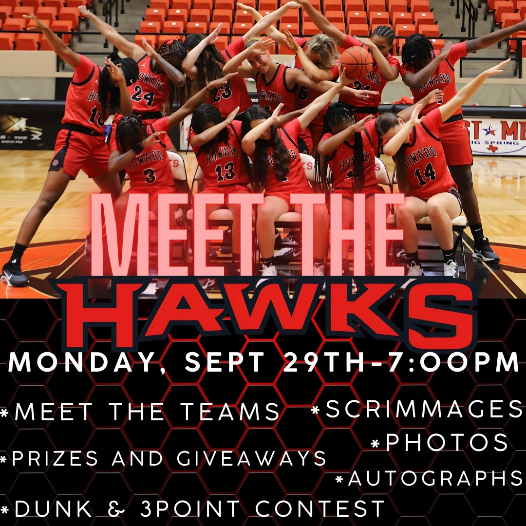Please join us on Monday, Sept. 29th, 7:00pm at the Dorothy Garret Coliseum for 'Meet the Hawks.'
The event will be a great way to get to know some of your favorite players and coaches and to welcome new ones to the community 😃 <a href="/hchawkwbb/">HowardWBB</a> <a href="/HowardHoops/">Howard College Men's Basketball</a>