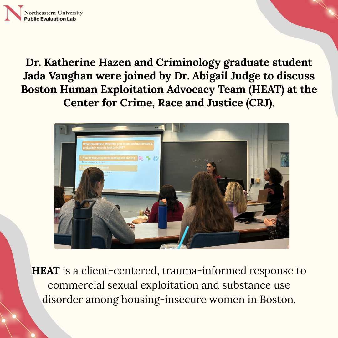 NUPublicEvalLab's tweet photo. This week’s Glow Tuesday shines a spotlight on a recent presentation to the Center for Crime, Race, and Justice (CRJ) on Boston HEAT. Thank you to Dr. Katherine Hazen, Dr. Abigail Judge, and Criminology graduate student Jada Vaughan!

#Evaluation #Research #Northeastern #NUPEL https://t.co/0k5HxB1q1L