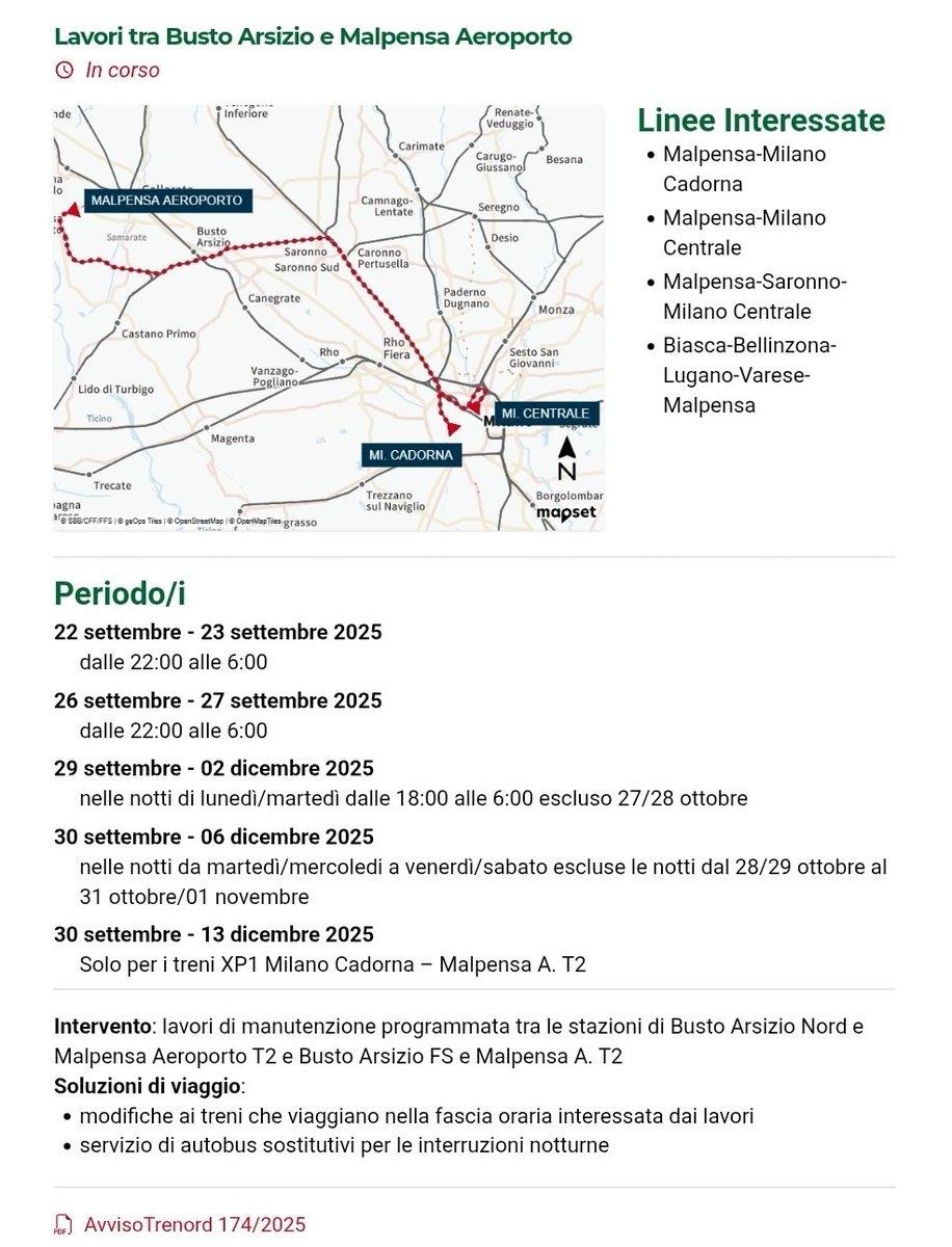 Modifiche circolazione treni per #Malpensa: dal 22 settembre al 13 dicembre 2025.
Informatevi prima di partire,previste lunghe attese per intescambio treni/autobus, in particolare a BustoArsizio 
Nord verso #Aeroporto

I dettagli a.mktgcdn.com/f/3714691/er8J…
#treno #aeroporto #lavori