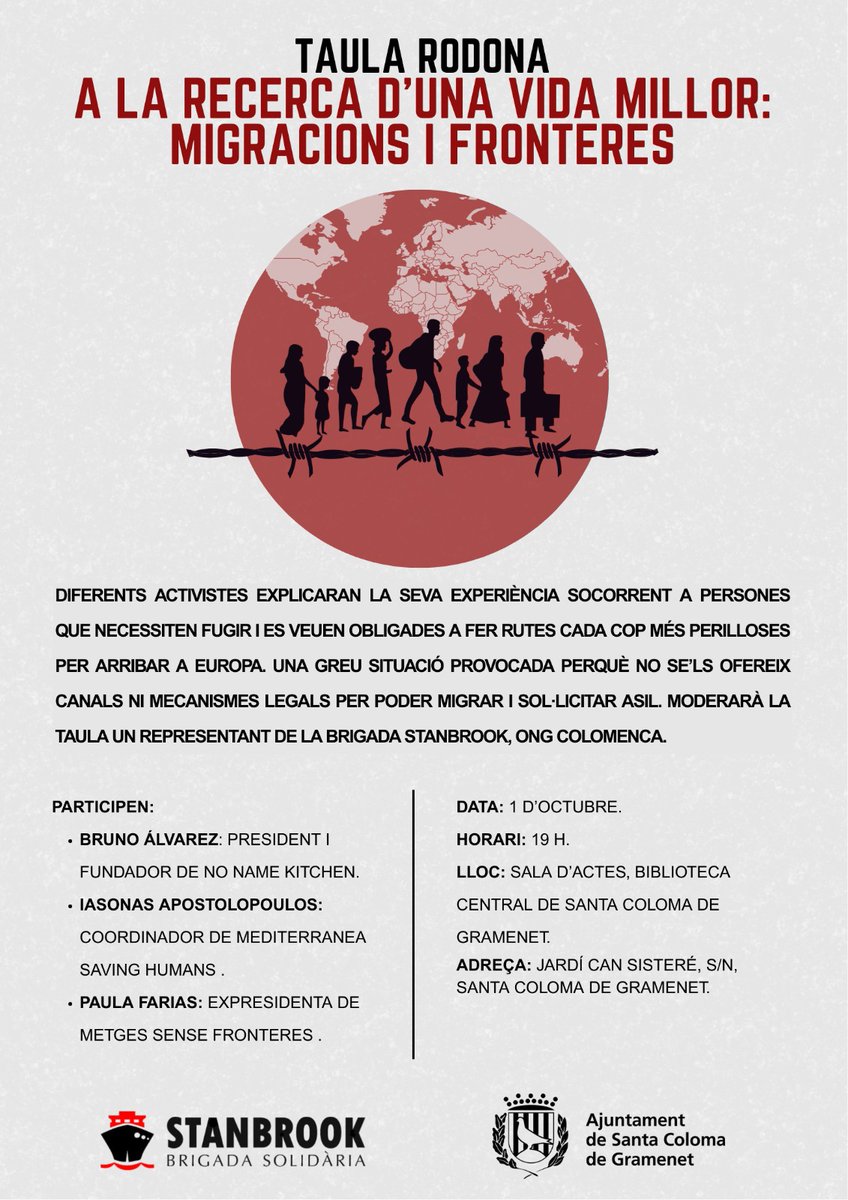A LA RECERCA D’UNA VIDA MILLOR: MIGRACIONS I FRONTERES

📆 Data: 1 d’octubre
🕜  Horari: 19 h.
📍  Lloc: Sala Actes, Biblioteca Central, Gramenet del Besòs