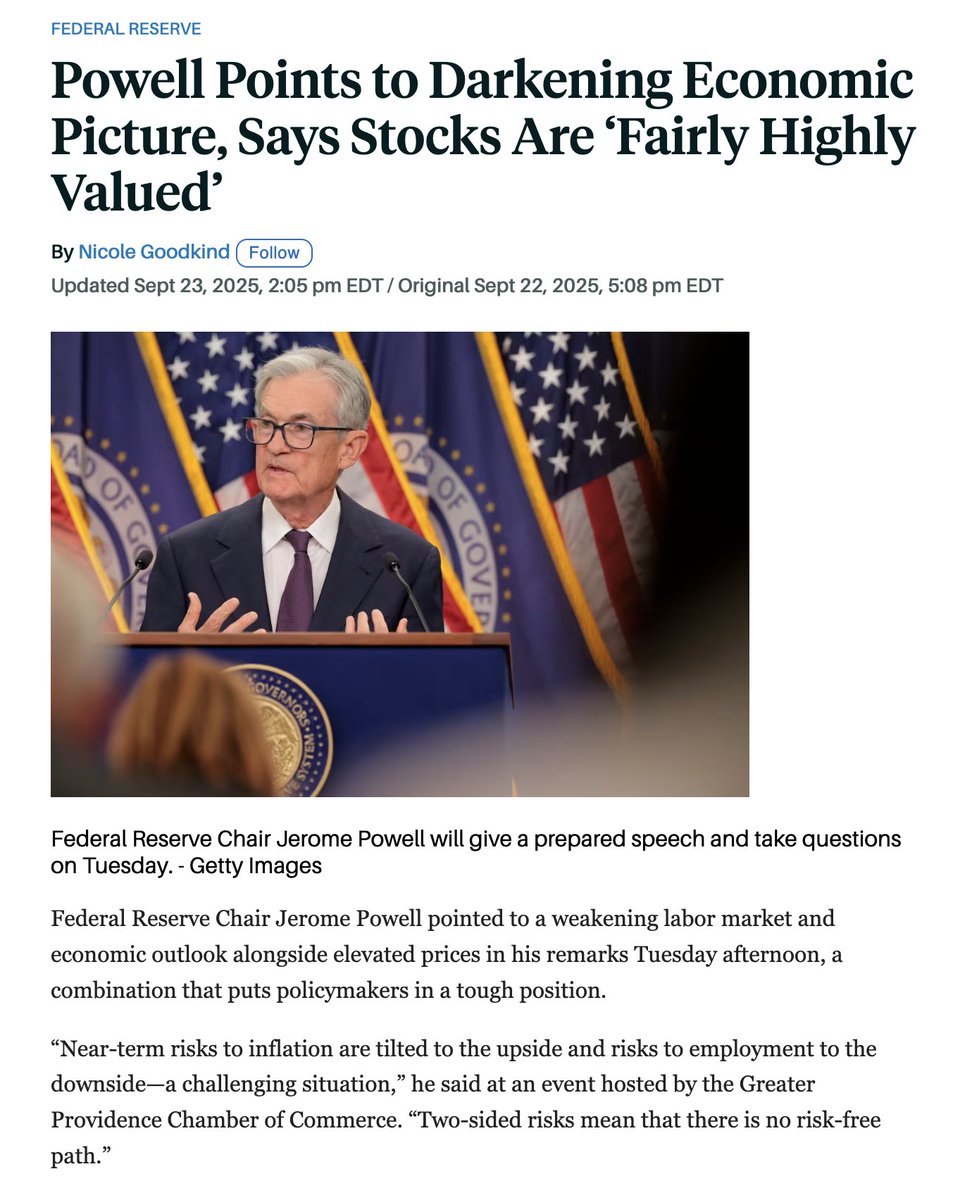 Thampee's tweet photo. Powell warns of a “darkening” outlook: weaker jobs, sticky inflation, and stocks “fairly highly valued.” Fed policy remains data-dependent, no preset path. 👉 More bleed ahead? #Powell #StockMarket https://t.co/pVdk89W7n8