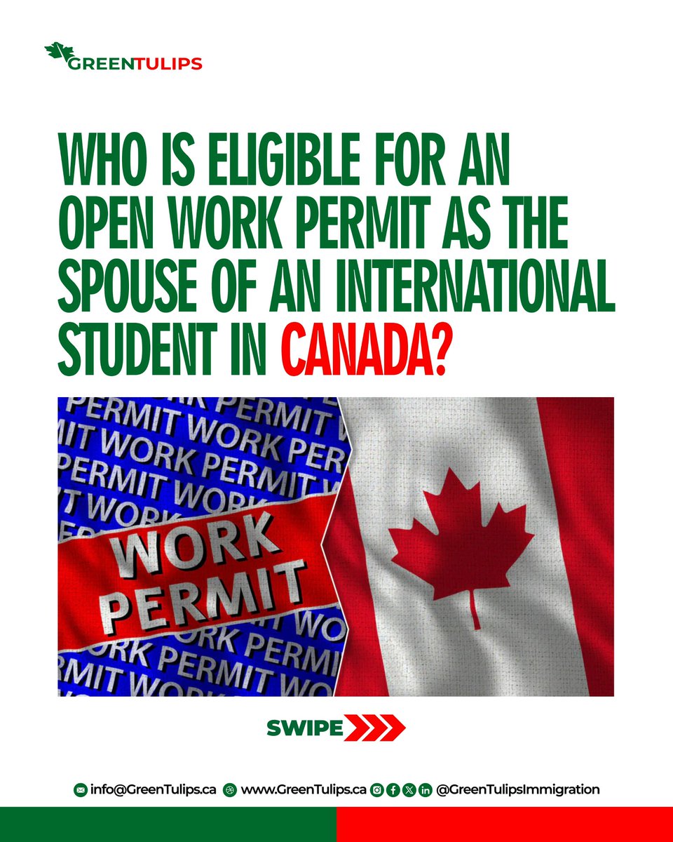 GreenTulipsImm's tweet image. Canada offer opportunities to both international students and their families. If your spouse or common-law partner is studying in Canada, you may be eligible for an open work permit. 

#Canada #CanadianImmigration #SpousalOpenWorkPermit #StudyinCanada #OpenWorkPermit #WorkPermit