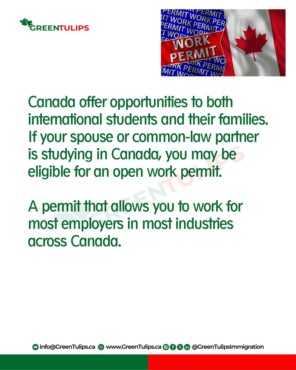 GreenTulipsImm's tweet image. Canada offer opportunities to both international students and their families. If your spouse or common-law partner is studying in Canada, you may be eligible for an open work permit. 

#Canada #CanadianImmigration #SpousalOpenWorkPermit #StudyinCanada #OpenWorkPermit #WorkPermit