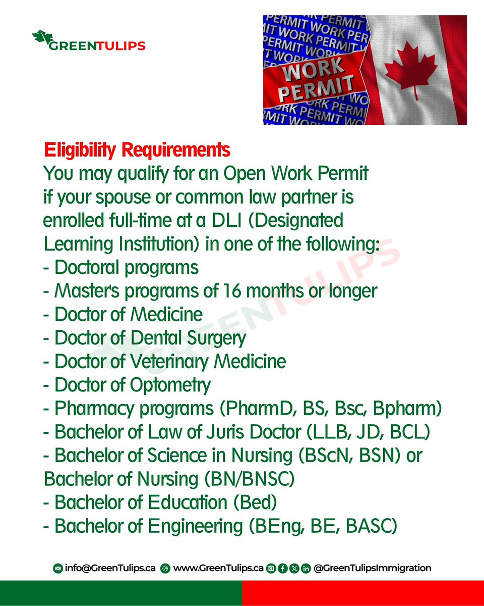 GreenTulipsImm's tweet image. Canada offer opportunities to both international students and their families. If your spouse or common-law partner is studying in Canada, you may be eligible for an open work permit. 

#Canada #CanadianImmigration #SpousalOpenWorkPermit #StudyinCanada #OpenWorkPermit #WorkPermit